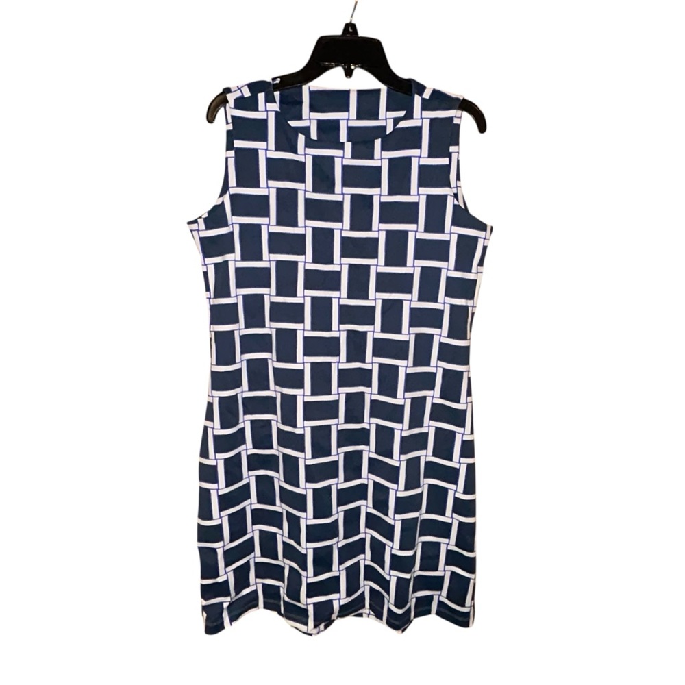 Mahi Gold Geometric Sleeveless Shift‎ Dress Travel Women’s XL Blue White Stretch